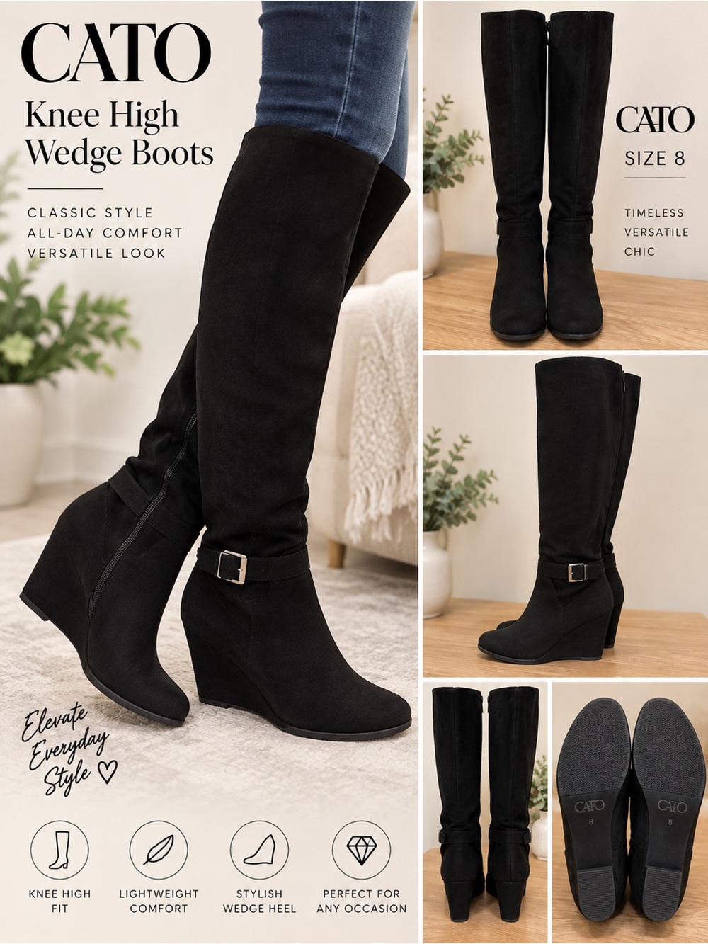 Cato Black Knee High Wedge Boots Women’s Size 8 Buckle Zip